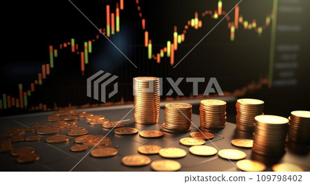 coins on top of an upward trending chart coins on top of an upward trending chart 109798402