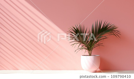 a pot of palm plant sits on a table of a pink wall 109798410