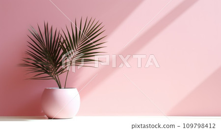 a pot of palm plant sits on a table of a pink wall 109798412