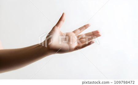 Woman open hand palm side up demanding something asking begging concept marketing or design material isolated on white background. 109798472