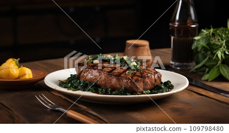 a grilled steak sitting on a wooden table, a grilled steak sitting on a wooden table, 109798480