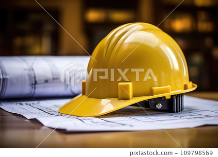 a hard hat is resting on some blueprints 109798569