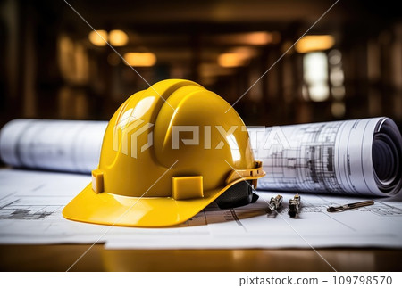 a hard hat is resting on some blueprints 109798570