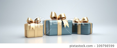gold boxes on grey background with bow gift idea in white 109798599