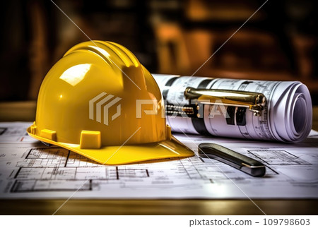 a hard hat sits on top of red blueprints on a table a hard hat sits on top of red blueprints on a table 109798603