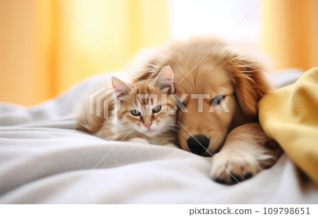a kitten and a dog cuddling on a white bedding a kitten and a dog cuddling on a white bedding 109798651