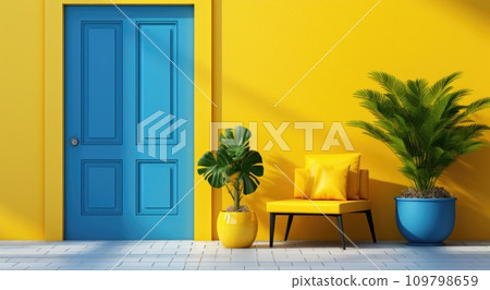 bright yellow door sits on a blue wall 109798659