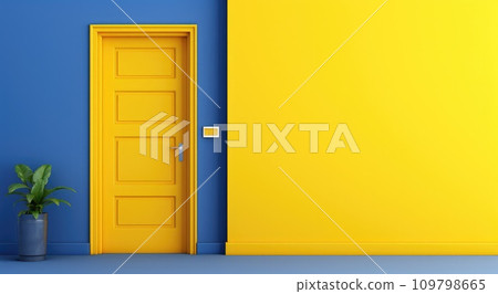 bright yellow door sits on a blue wall 109798665