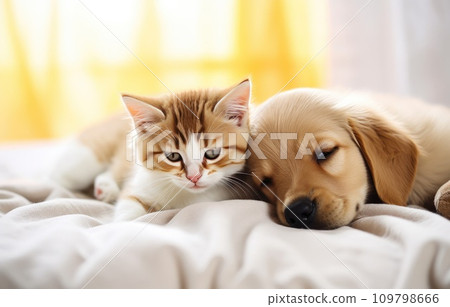 a kitten and a dog cuddling on a white bedding a kitten and a dog cuddling on a white bedding 109798666