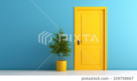 bright yellow door sits on a blue wall bright yellow door sits on a blue wall 109798667