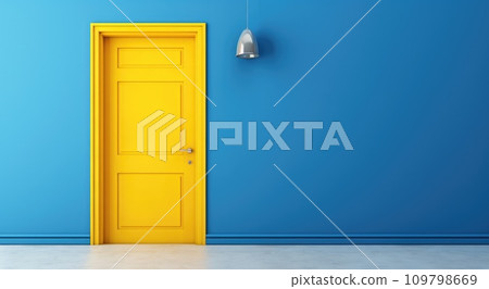 bright yellow door sits on a blue wall bright yellow door sits on a blue wall 109798669