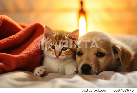 a kitten and a dog cuddling on a white bedding a kitten and a dog cuddling on a white bedding 109798670