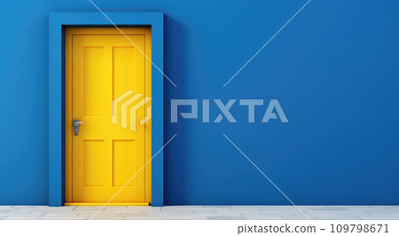 bright yellow door sits on a blue wall 109798671