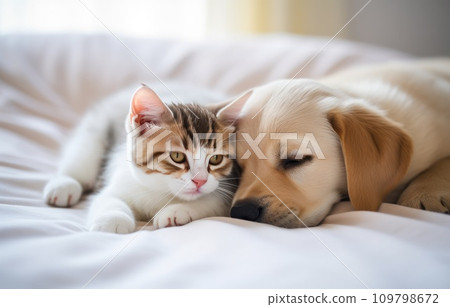a kitten and a dog cuddling on a white bedding a kitten and a dog cuddling on a white bedding 109798672