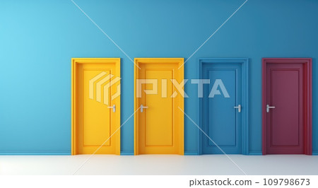 bright yellow door sits on a blue wall 109798673