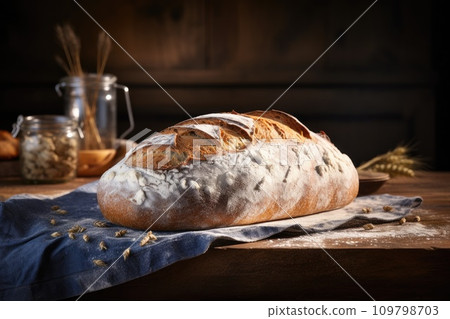 a large loaf of bread is sitting on a wooden board a large loaf of bread is sitting on a wooden board 109798703