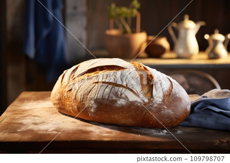 a large loaf of bread is sitting on a wooden board a large loaf of bread is sitting on a wooden board 109798707