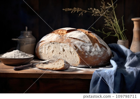 a large loaf of bread is sitting on a wooden board 109798711