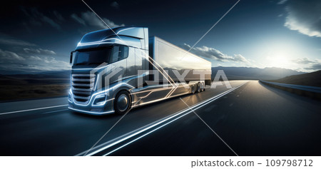 a black truck is traveling down a sunny path 109798712