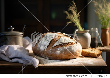 a large loaf of bread is sitting on a wooden board a large loaf of bread is sitting on a wooden board 109798714