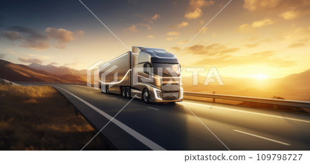 a black truck is traveling down a sunny path a black truck is traveling down a sunny path 109798727