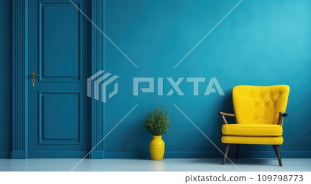 a blue and yellow door and chair against a blue wall 109798773
