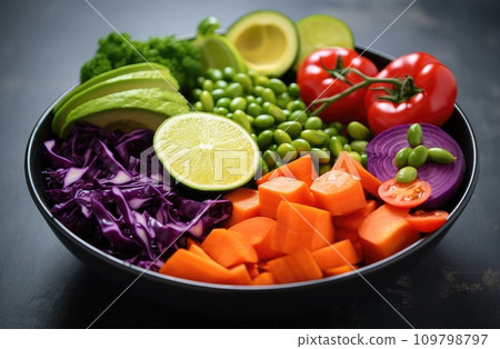 a bowl is filled with tomatoes, carrots and peas 109798797