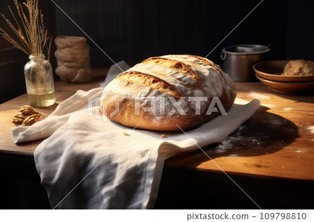 a loaf of bread sitting on a wooden board a loaf of bread sitting on a wooden board 109798810