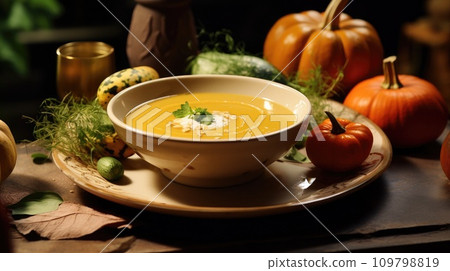 a bowl of pumpkin soup, topped with rosemary, sits on green vegetables 109798819