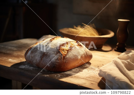 a loaf of bread sitting on a wooden board a loaf of bread sitting on a wooden board 109798822