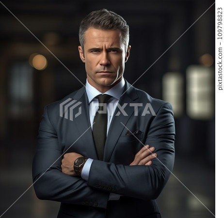 a business man in a gray suit posing with his arms crossed in front of a background 109798823