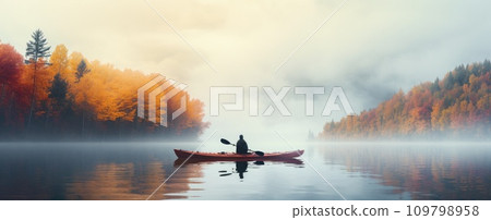 a man kayaking in an autumn colored lake a man kayaking in an autumn colored lake 109798958