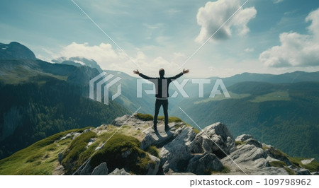 a man standing on a mountain top with his arms raised and eyes looking up a man standing on a mountain top with his arms raised and eyes looking up 109798962