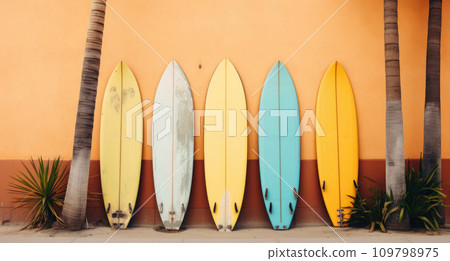 a colorful gang of surf boards is leaning against a wooden door 109798975