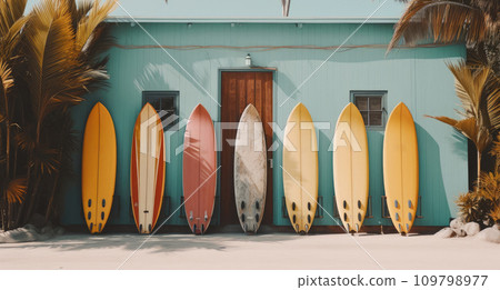 a colorful gang of surf boards is leaning against a wooden door 109798977