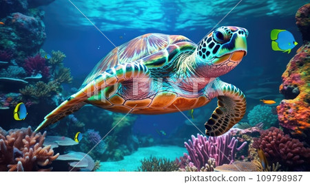 a colorful turtle in the water near coral reefs a colorful turtle in the water near coral reefs 109798987