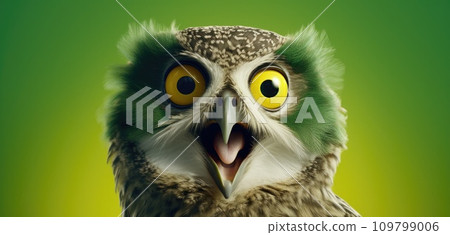 a owl is standing in front of an green background a owl is standing in front of an green background 109799006