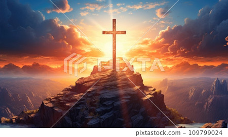 a cross on an island with clouds surrounding it and the sun behind it 109799024