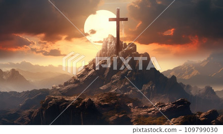a cross on an island with clouds surrounding it and the sun behind it a cross on an island with clouds surrounding it and the sun behind it 109799030