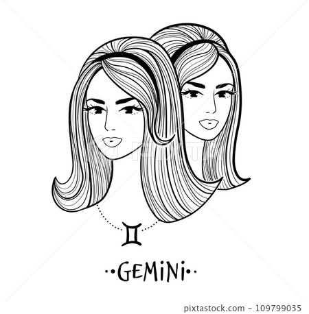 Gemini zodiac sign line art female face portrait 109799035