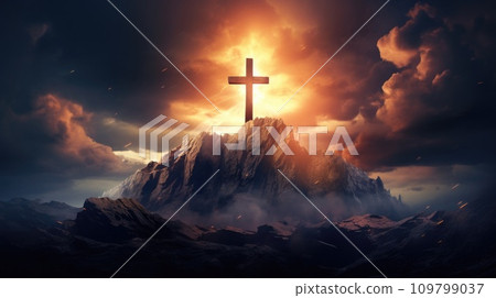 a cross on an island with clouds surrounding it and the sun behind it 109799037