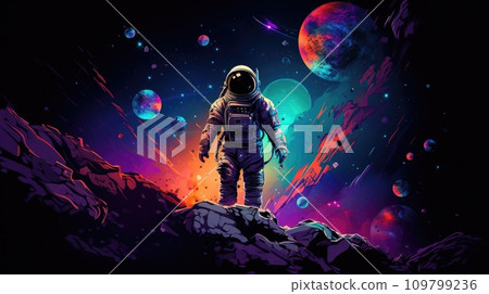 Astronaut in vivid space, adorned with stars, planets, and expansive copy space for text Astronaut in vivid space, adorned with stars, planets, and expansive copy space for text 109799236