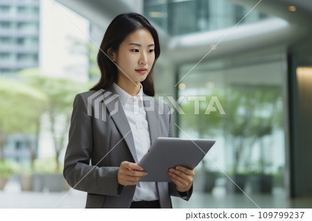 asian businesswoman holding a tablet device in office asian businesswoman holding a tablet device in office 109799237