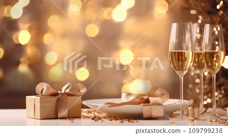 champagne flutes and present at the christmas table 109799238