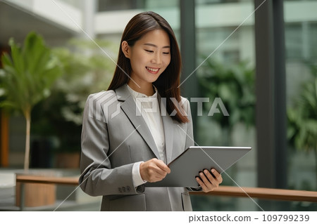 asian businesswoman holding a tablet device in office asian businesswoman holding a tablet device in office 109799239