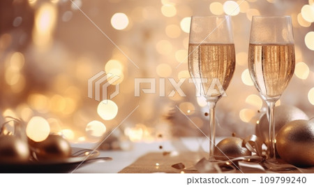 champagne flutes and present at the christmas table champagne flutes and present at the christmas table 109799240