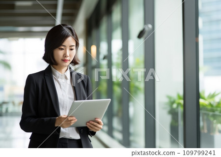 asian businesswoman holding a tablet device in office asian businesswoman holding a tablet device in office 109799241