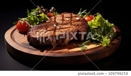 a rib eye steak on a wooden plate with a green salad 109799258
