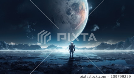 astronaut in space looking down toward an earth background astronaut in space looking down toward an earth background 109799259