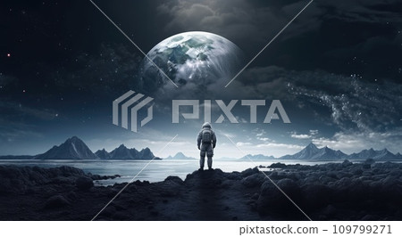 astronaut in space looking down toward an earth background astronaut in space looking down toward an earth background 109799271